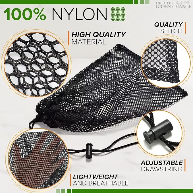 Small Mesh Bags Drawstring, 11.8"x7.48", 10 Pack, Nylon (Black), Reusable | Small Net Bag; Lightweight, Breathable; for Travel, Gym, Swimwear, Laundry, Sports, Beach Gear, Camping & Daily Organization