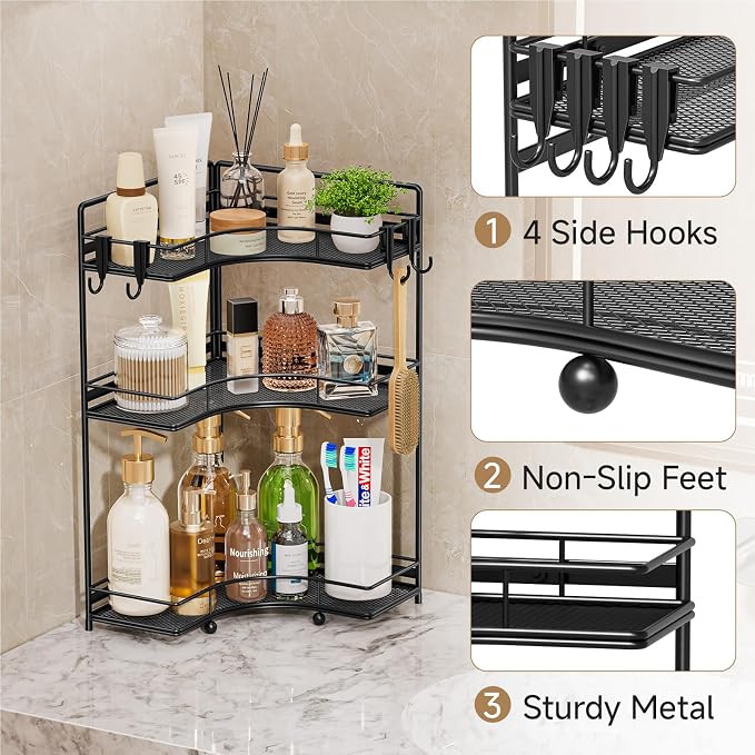 VITVITI 3 Tier Corner Bathroom Counter Organizer, Bathroom Countertop Organizer Storage for Sink, Metal Mesh Makeup Organizer for Vanity Countertop Kitchen with Hooks, Black