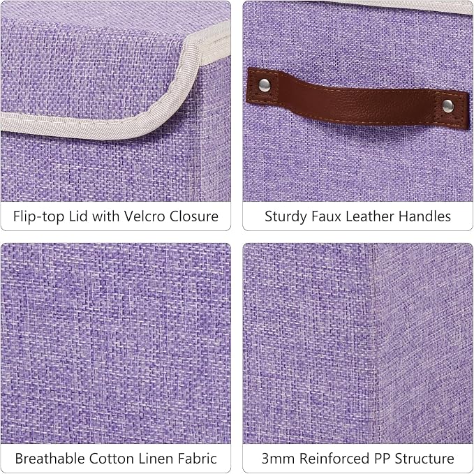 Storage Bins Box with Lids Decorative Cotton Linen Fabric Baskets Cubes with Handles PP Plastic Board Foldable Washable Lidded Clothing Shelf Closet Organizer Container (Purple, Small)