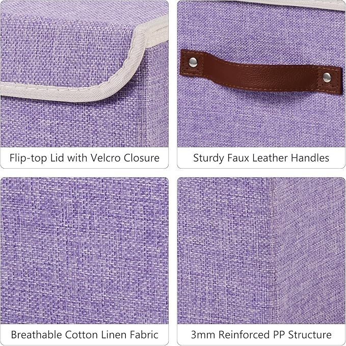 2PCS Storage Bins Box with Lids Decorative Cotton Linen Fabric Baskets Cubes with Handles PP Plastic Board Foldable Washable Lidded Clothing Shelf Closet Organizer Container (Purple, Small)