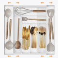 Sedegn Expandable Kitchen Utensil Organizer - 11.6" to 20" Adjustable Cutlery Tray with 6-8 Compartments - Fits Various Drawer Sizes & Holds Large Ladles Spatulas Forks Spoons & Knives White