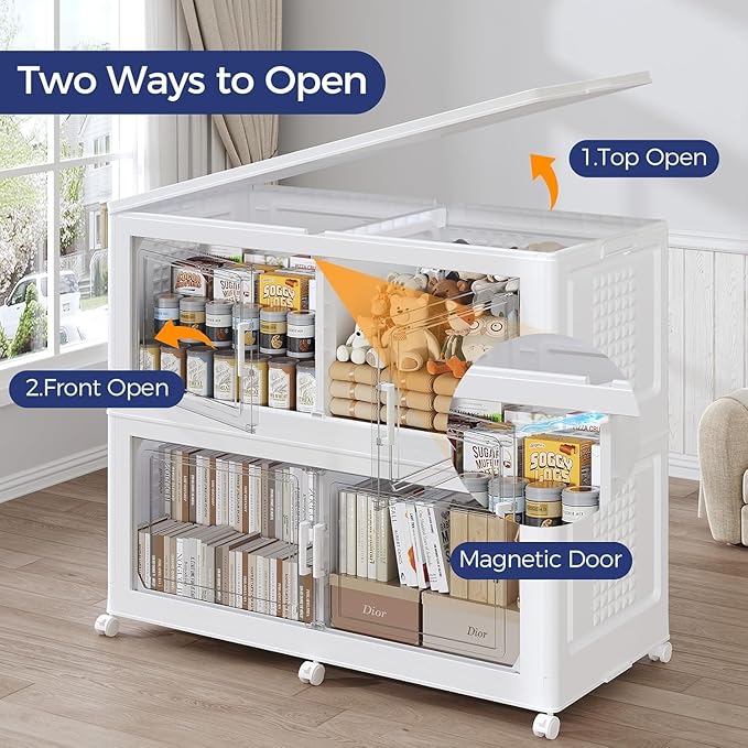 250GAL Storage Bins with Lid and Wheels, Stackable Closet Organizers and Storage Drawer, Collapsible Storage Box with Dividers, Foldable Plastic Cabinets for Room, Kitchen, 5 Pack White