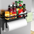 ZUNTO Magnetic Paper Towel Holder for Fridge, Strong Magnet, No Drill | Black Kitchen Organizer with Spice Shelf and 2 Removable Long Hooks for Hanging