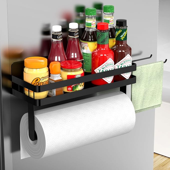 ZUNTO Magnetic Paper Towel Holder for Fridge, Strong Magnet, No Drill | Black Kitchen Organizer with Spice Shelf and 2 Removable Long Hooks for Hanging