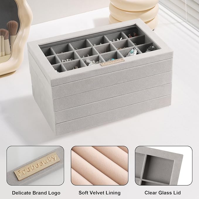 Frebeauty Stackable Jewelry Trays,Set of 4 Jewelry Organizer for Drawer | Glass Lid,Removable Dividers,Stackable Design,Velvet Material,Drawer Inserts,Earring Organizer,Jewelry Box for Rings Bracelet