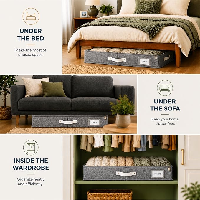 HOMELUX THEORY 2pc Under Bed Storage Containers, Bedroom Under the Bed Drawer Storage Organizer with Bins and Lids, Medium Underbed Clothes Storage Box Ideal for Blanket, Fabric, & Shoes (LightGray)