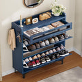 TEENFON Shoe Cabinet with 2 Flip Drawers & Top Drawer, Farmhouse Narrow Shoe Storage Cabinet with Adjustable Shelves & Hooks, Freestanding Hidden Slim Shoe Rack Cabinet for Entryway, Hallway, Blue