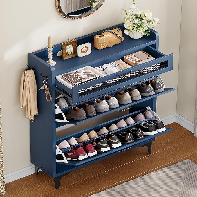TEENFON Shoe Cabinet with 2 Flip Drawers & Top Drawer, Farmhouse Narrow Shoe Storage Cabinet with Adjustable Shelves & Hooks, Freestanding Hidden Slim Shoe Rack Cabinet for Entryway, Hallway, Blue