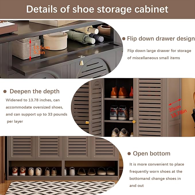 Shoe Cabinet with Louvered Doors, Freestanding Entryway Shoe Storage Cabinet with Drawer & Open Compartment, Modern Bamboo Shoe Rack Organizer with Shelves for Closet (Grey)