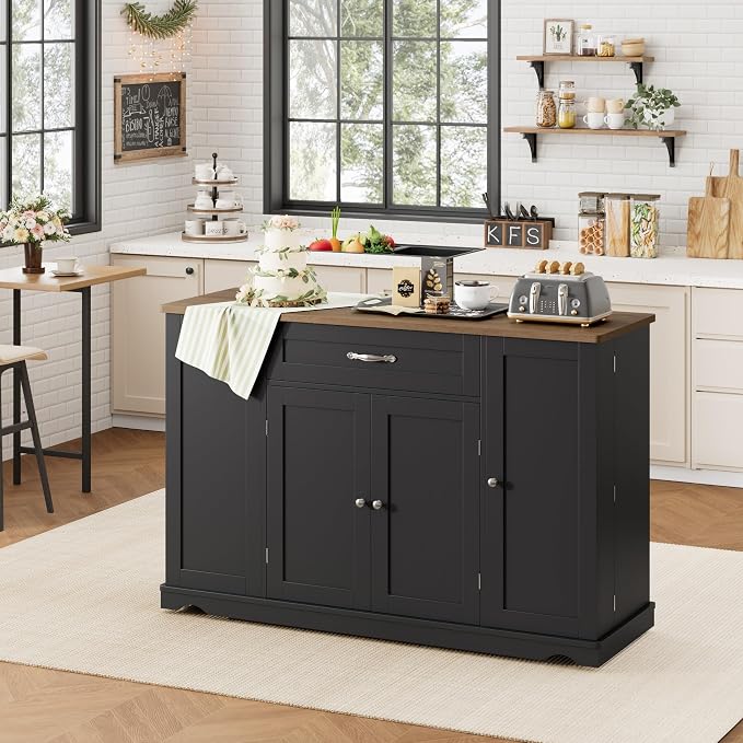 HOSTACK 47" W Kitchen Island Cart with Storage, Rolling Island Table, Black | Mobile Kitchen Storage Islands on Wheels with 2 Drawers, Adjustable Shelves, Movable Buffet Cabinet for Dining room