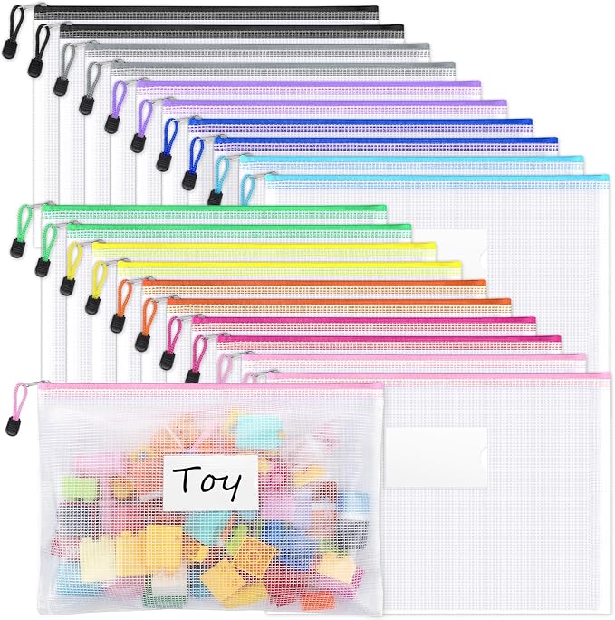 Sooez 20 Pack Mesh Zipper Pouch Bags, A4 Letter Size, Zipper Bags with Label Pocket, Waterproof Bag for Classroom Organizer, School Office Teacher Supplies, Storage Pouches for Board Game Toy Storage