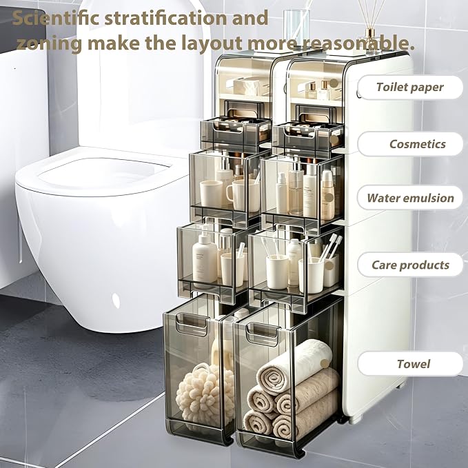 BGYMF Ultra Thin 3-Tier Slim Bathroom Storage Cabinet, Slim Cabinet for Bathroom, Narrow Rolling Cart with Wheels, White Plastic Organizer for Small Space, Kitchen, Laundry, Living Room, Corner