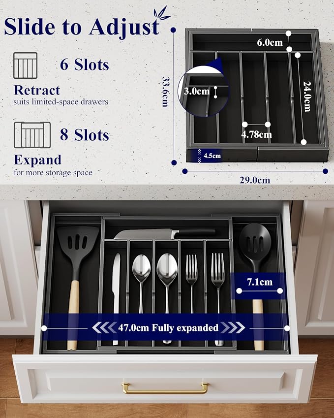 Kitsure Silverware Organizer - Expandable Bamboo Kitchen Drawer Organizer for Cooking Utensils and Cutlery, Sturdy & Thickened Kitchen Organizers and Storage Solution, Large, Black