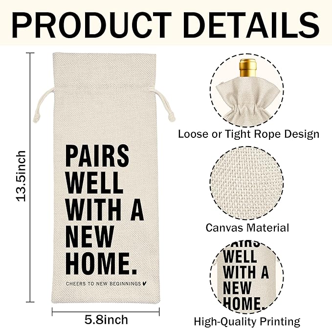 Housewarming Wine Bag - First New Home Gifts, Pairs Well with a New Home, Housewarming Party Decorations House Warming Gift for Women Men Couple Reusable Wine Wrap Bag, Realtor Client Gift (A22)