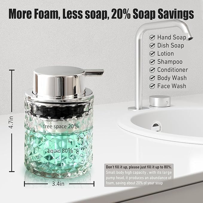 Malachi Foaming Hand Soap Dispenser, Refillable Clear Glass Foam Pump Bottle for Hand Soap, Dish Soap, Body Wash, Shampoo, Facial Cleanser & Baby Wash, Multi‑use for Bathroom, Kitchen & Commercial Use