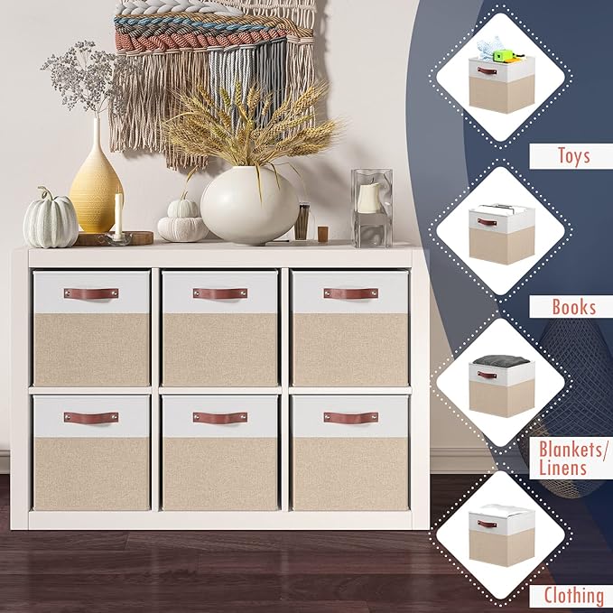 Ornavo Home 13x13 Foldable Fabric Storage Cube Bins, 6 Pack, White/Khaki | Collapsible Linen Shelf Basket Organizer; Leather Handles; Ideal Cube Storage For Closet