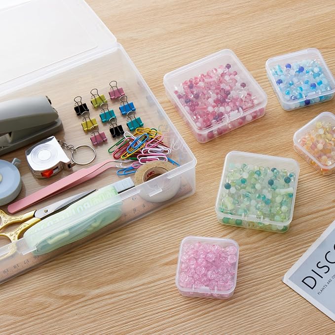 Goodma Small Bead Organizers, 78 Pieces Mixed Sizes Plastic Storage | Clear Containers, Transparent Rectangle, Craft Supply Boxes, Hinged Lid