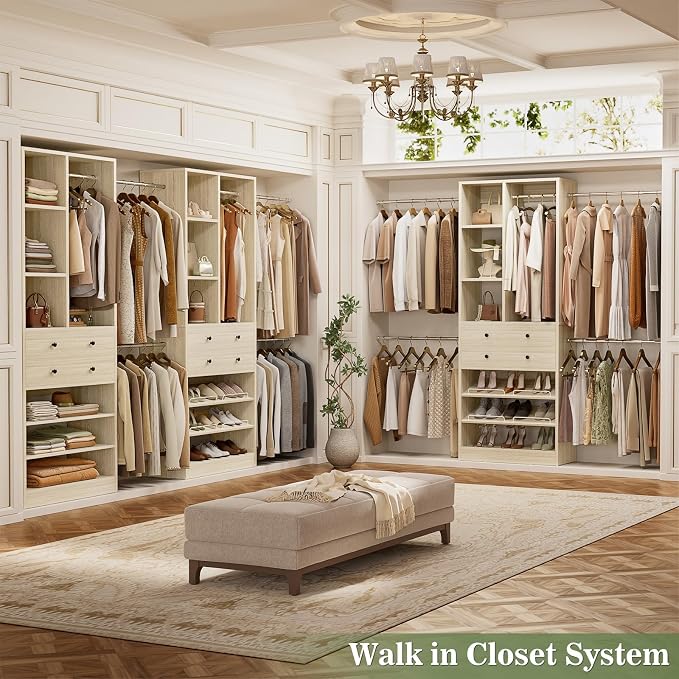 Besiost Closet System, Up to 134"/11.2 FT Closet Organizer with 4 Wooden Drawers and Shelves, Walk-in Closet System with 6 Hanging Rods, Built-in Closet Can Fit 96"/8FT, 120"/10FT, Greige Oak Set 2