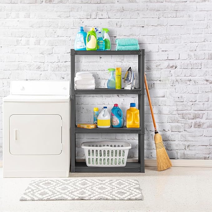 Sterilite 4 Shelf Unit, Heavy-Duty Shelving Storage and Utility Rack - Standing Plastic Organizer Shelves for Kitchen, Bathroom, and Garage | Plastic Shelves for Storage, Plastic Storage Shelf, Garage Shelving