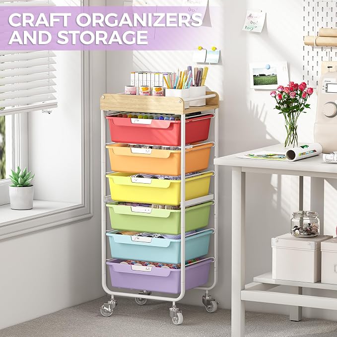 SYKIARIOL Rolling Cart with 6 Drawers, Utility Storage Cart with Labeling Jelly Bean Color Drawer for Classroom, Kids Room, Dorm, School, Storage Study Arts Craft Sewing Supplies Organizers