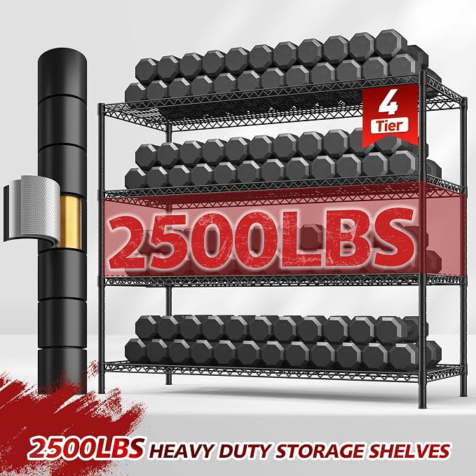 REIBII 55.52''W Storage Shelves 2480LBS Wire Shelving Unit with Wheels Heavy Duty Metal Shelves for Storage Adjustable Garage Storage Rack Kitchen Shelving,75.62" H X 55.52''W X 24.02" D,4PCS