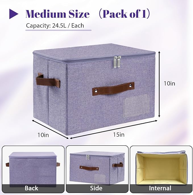ANMINY Fabric Storage Box Bins with Zipper Lid, Washable Purple, 3PCS | Cotton Linen Fabric, PP Board Frame, Label Holder, Stackable & Foldable, PU Handles, Dual-Zipper 3-Side Open Lid, Medium