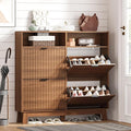 Shoe Cabinet Storage for Entryway with 4 Flip Drawers, Fluted Narrow Shoe Organizer with Wooden Legs & Top Cubby, Freestanding Slim Shoe Storage Hidden Shoe Rack for Front Door Entrance, Walnut