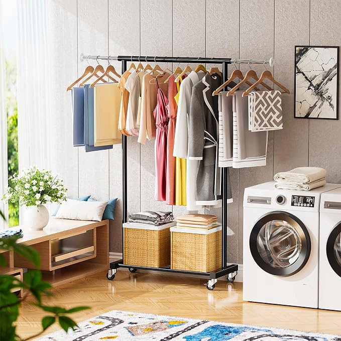 Standard Clothes Rack, Rolling 50“L Clothing Garment Rack with Mesh Shelves on Wheels, Adjustable Portable Wardrobe Rack for Bedroom, Laundry Room, Black