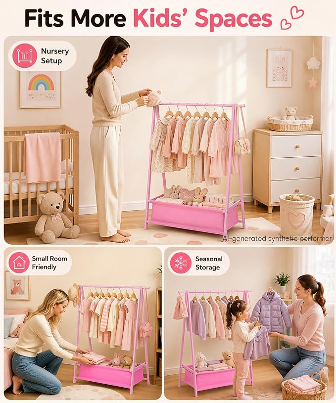 Homde Sturdy Kids Clothes Rack: 66 lb Capacity for Growing Wardrobe Needs | Hanging Rod Holds Clothes, Basket Stores Items Below - Helps Kids Build Tidy Habits - Angled Bamboo Side Frames Add Stability