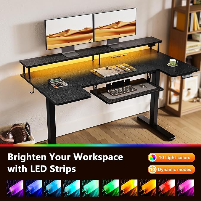 OffiGo 55 Inch U Shaped Electric Standing Desk with Keyboard Tray, Black | 3 Outlets & 2 USB Ports, Monitor Stand, 10 Colors & 10 LED Modes, 3 Presets, 28.3"-46.5"in Range, 154 lb Capacity