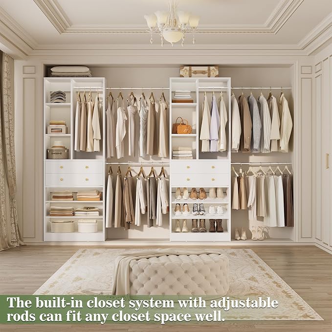 Besiost Closet System, Up to 134"/11.2 FT Closet Organizer with 4 Wooden Drawers and Shelves, Walk-in Closet System with 6 Hanging Rods, Built-in Closet Can Fit 96"/8FT, 120"/10FT, White Set 2