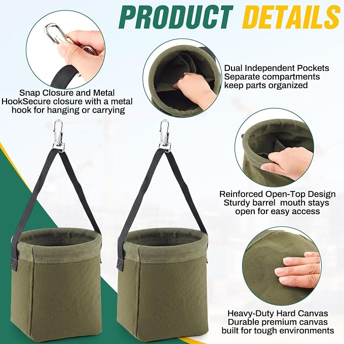 2 Pcs Tool Bags Square-Bottom 8 x 6.5 x 6.5, Canvas Tool Bucket Bag with 2 Interior Pockets & Metal Hook & Snap Clip, All-Purpose Bucket Tools Organizer for Outdoor Work & Maintenance