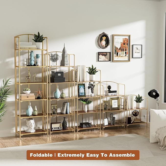 Crofy 4-Tier Foldable Bookshelf, Gold Frame & Walnut Shelves | No-Assembly Collapsible Portable Storage Organizer; Sturdy Walnut Finish Shelves; Ideal for Living Room & Home Office