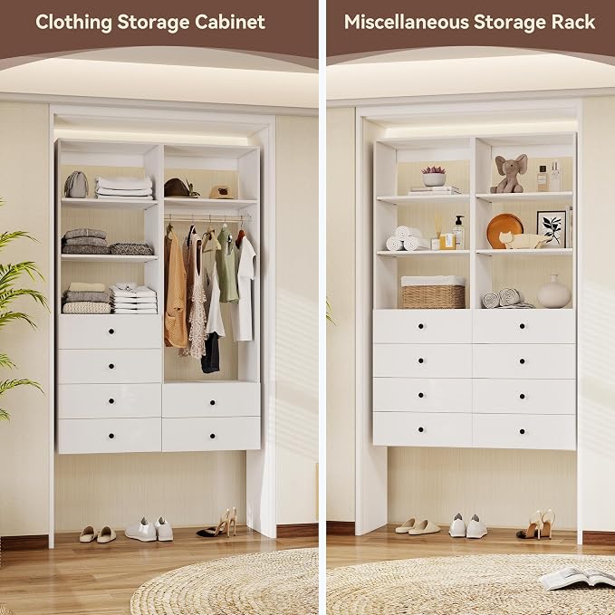 GraceGrove 71" High Modular Wooden Closet Organizer System with Shelves &2 Drawers, Wall Mount Shelving with Haning Rod, Walk in Closet Bedroom Organization,Closet Organizers and Storage, White