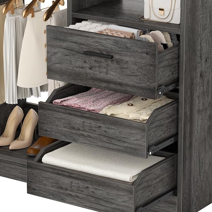 36 Inches Modular Closet Drawers System with Long Hanging Rods, 3FT Wood Closet Organiser with 3 Drawers, Walk-in Freestanding Wardrobe Storage Cabinet with 4 Shelves, Oak (36"L x 15" W x 80" H)