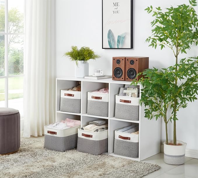 DECOMOMO Storage Bins, Large Fabric Storage Baskets for Shelves, Decorative Linen Closet Organizer, 15 x 11 x 9.5 inches (Grey & White, 1 Pack)