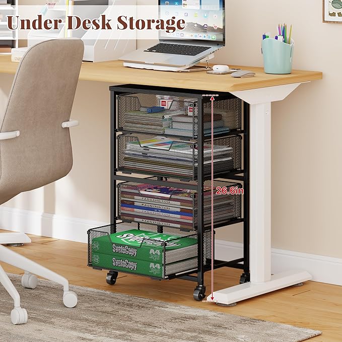 Rolling Cart with Drawers, Utility Storage Cart with Lockable Wheels, Metal snack cart, Under Desk Storage for Office, Kitchen, Craft, and Art Supplies, Black