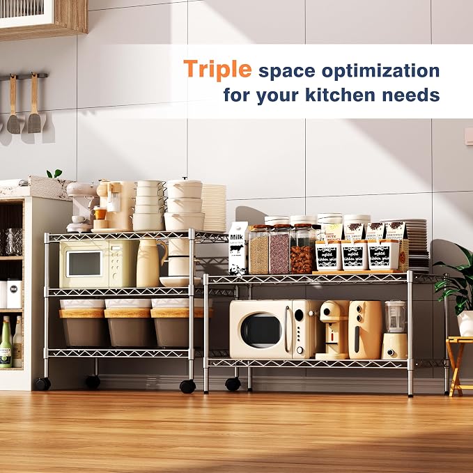 3-Tier Wire Shelf Rack,Kitchen Metal 3-Shelves Rack with Lockable Wheels | 24" Dx14 Wx22 H,Height Adjustable Wire Shelving Unit and Storage for Living Room,Laundry,Office,Pantry,Studio