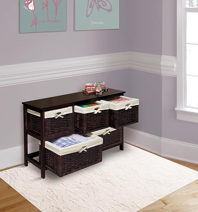 Badger Basket Five-Basket Storage Unit with Wicker Baskets and Washable Liners, Organizer for Toys, Clothes, and Household Items, Sturdy Wooden Frame - Espresso Finish