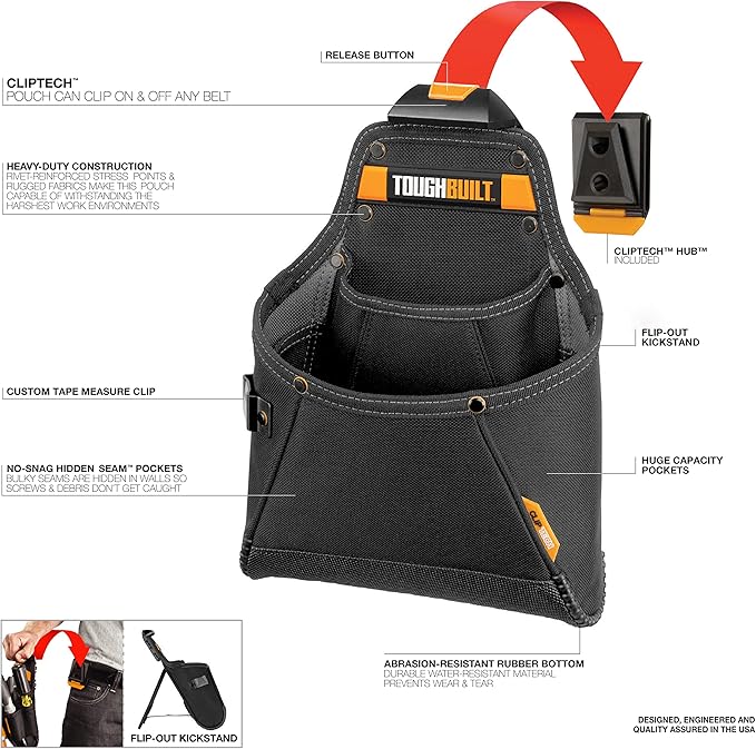 ToughBuilt ClipTech Series - Utility Pouch, Heavy-Duty Tool Pouch with Multiple Pockets, Secure Attachment & Storage for Jobsite Use
