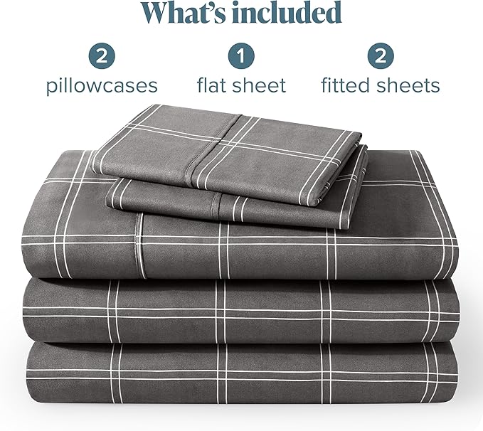 Bare Home Split King Sheet Set - 1800 Ultra-Soft Microfiber Bed Sheets - Double Brushed - Deep Pockets - Easy Fit - 5 Piece Set - Bed Sheets (Split King, Modern Plaid - Grey/White)