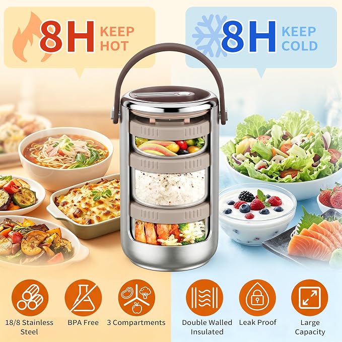 86oz Stainless Steel Vacuum Insulated Food Jar for Hot & Cold Food, Portable 3 Tier Stackable Bento Lunch Box, Wide Mouth Soup Thermos for Adults with Insulated Bag (Silver, 86 Ounces)