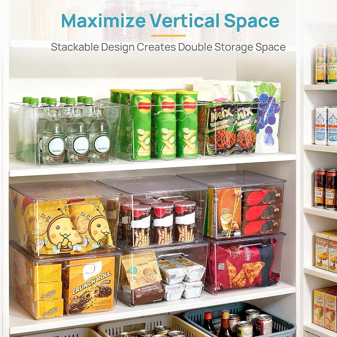 Vtopmart 6 Pack Extra Large Clear Stackable Storage Bins with Lids, 11inch Organizer Bins with Handle for Onions and Potatoes, Plastic Containers for Pantry, Freezer, Kitchen, Closet Organization