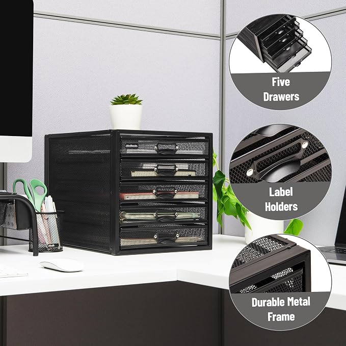 Mind Reader File Storage Drawers, Desk Organizer, Multi-Purpose, Crafts, Office, Metal Mesh, 11"L x 14"W x 11"H, Black, 5 Drawer