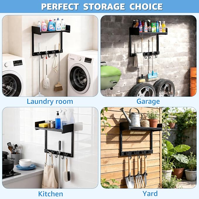 HUFAND Broom Holder Wall Mount, 15" Large Mop and Broom Organizer Wall Hanging with Top Storage Shelf, Heavy Duty Iron Utility Rack for Laundry Room, Garage, Kitchen, Garden - Black
