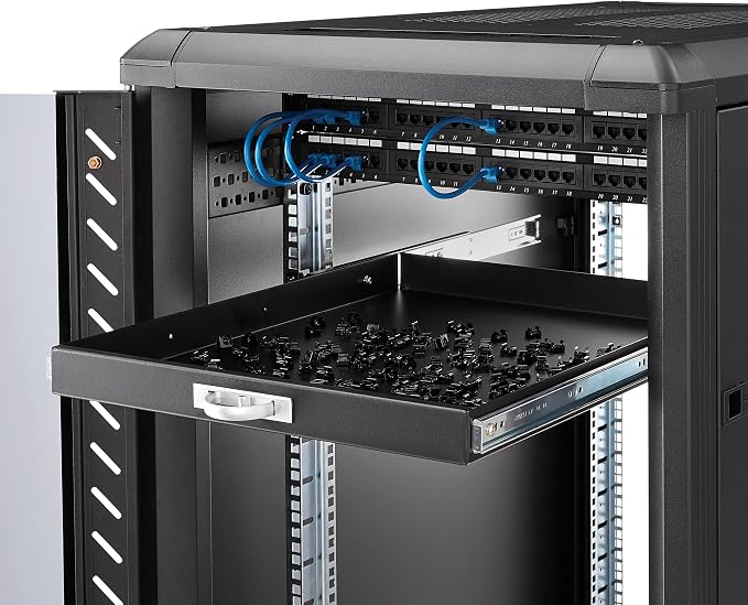 StarTech 1U Sliding Keyboard Rack Shelf, 19in, 55lb, 22in (SLIDESHELFD) | Pull-out drawer tray for any 19in server rack, Inverts to 1U drawer, Ideal for keyboard tools peripherals