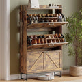 Shoe Cabinet with 3 Flip Drawers, Freestanding Hidden Shoe Storage Organizer for Entryway, Narrow Slim Shoe Rack Cabinet with Open Storage & Hooks for Front Door Entrance, Living Room, Hallway, Brown