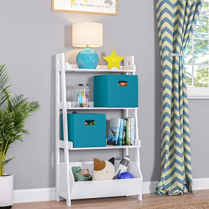 RiverRidge Folding Storage Bins - 2-pack of 10in Tall Turquoise Cubes | Fabric Bins, Set of 2 Storage Cubes, Cut-out Handles, Playroom Closet Organizer, Collapsible Cubby with Bottom Board Insert