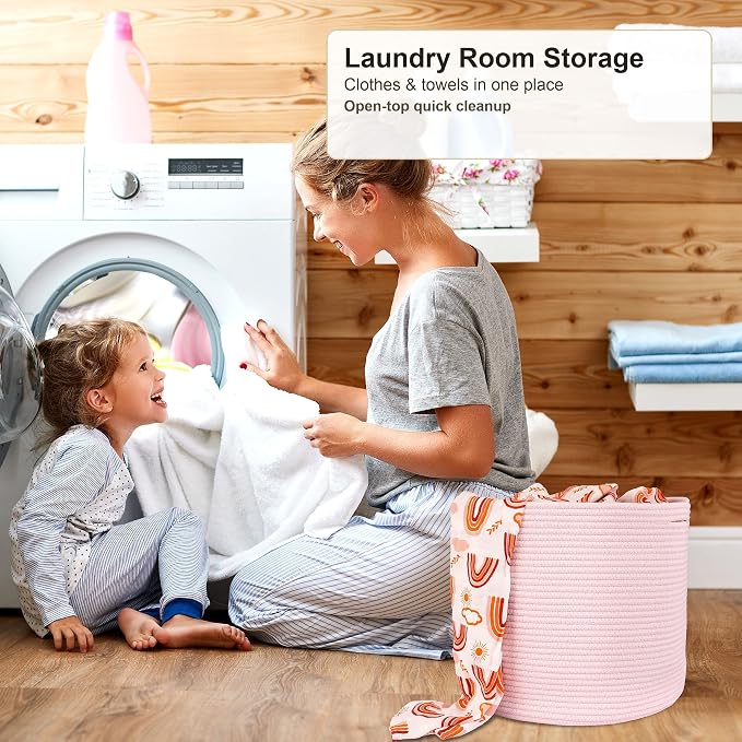 XUANGUO Cotton Rope Woven Basket, 16x14 in Kids Laundry Basket, pink | Round blanket basket and small laundry basket; baby hamper or nursery storage bin for girls, boys, toys, clothes and shoes