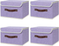 ANMINY 4PCS Storage Bin with Lid Storage Boxes with PU Leather Handles PP Plastic Board Decorative Foldable Lidded Cotton Linen Fabric Home Cubes Baskets Closet Organizer Container - Purple, Medium